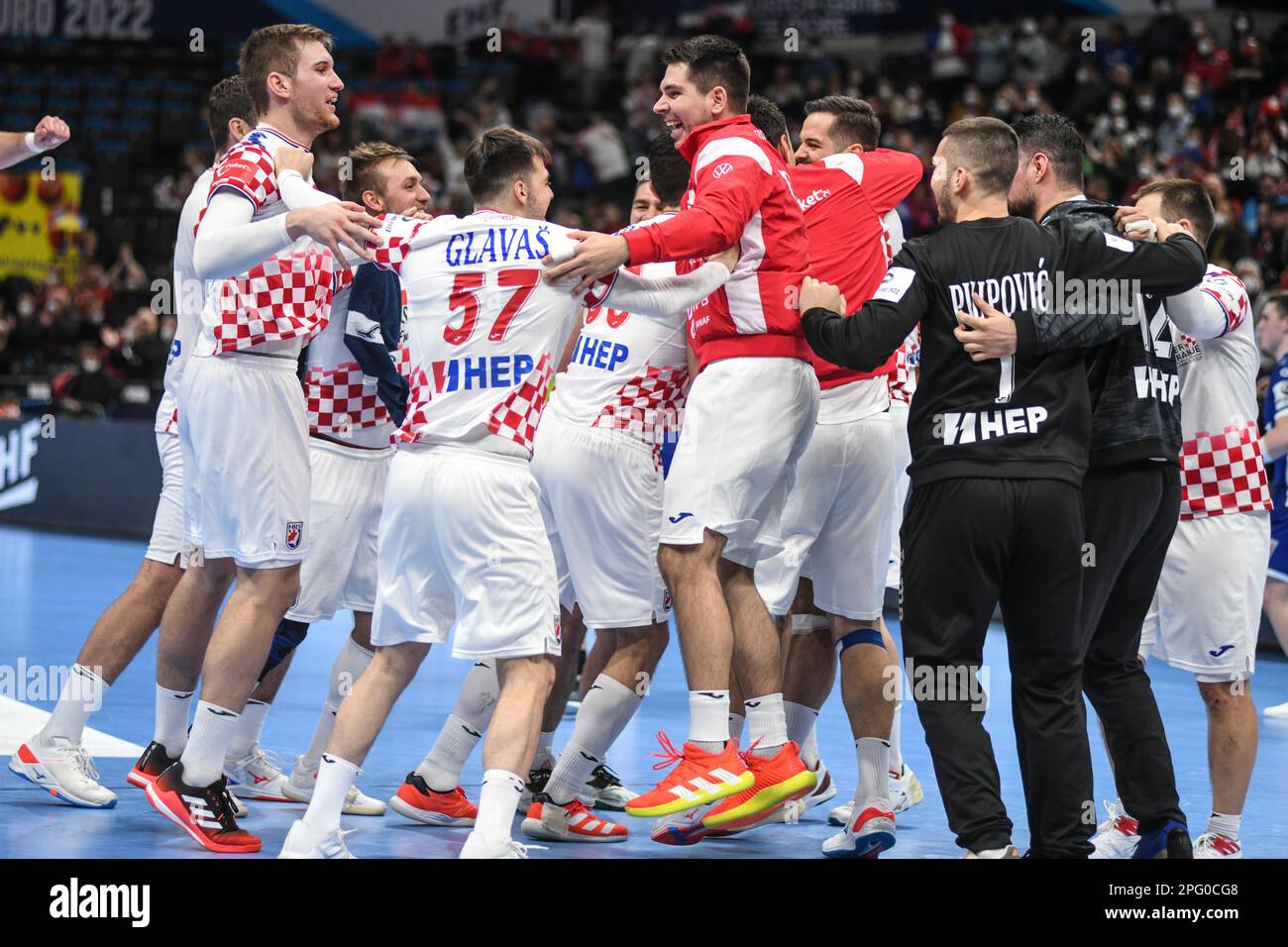 Croatian handball national team celebrate the win against Iceland Ivan