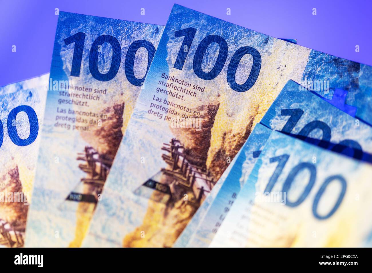 Few One Hundred Swiss Franc Banknotes Close Up Photo. Stock Photo