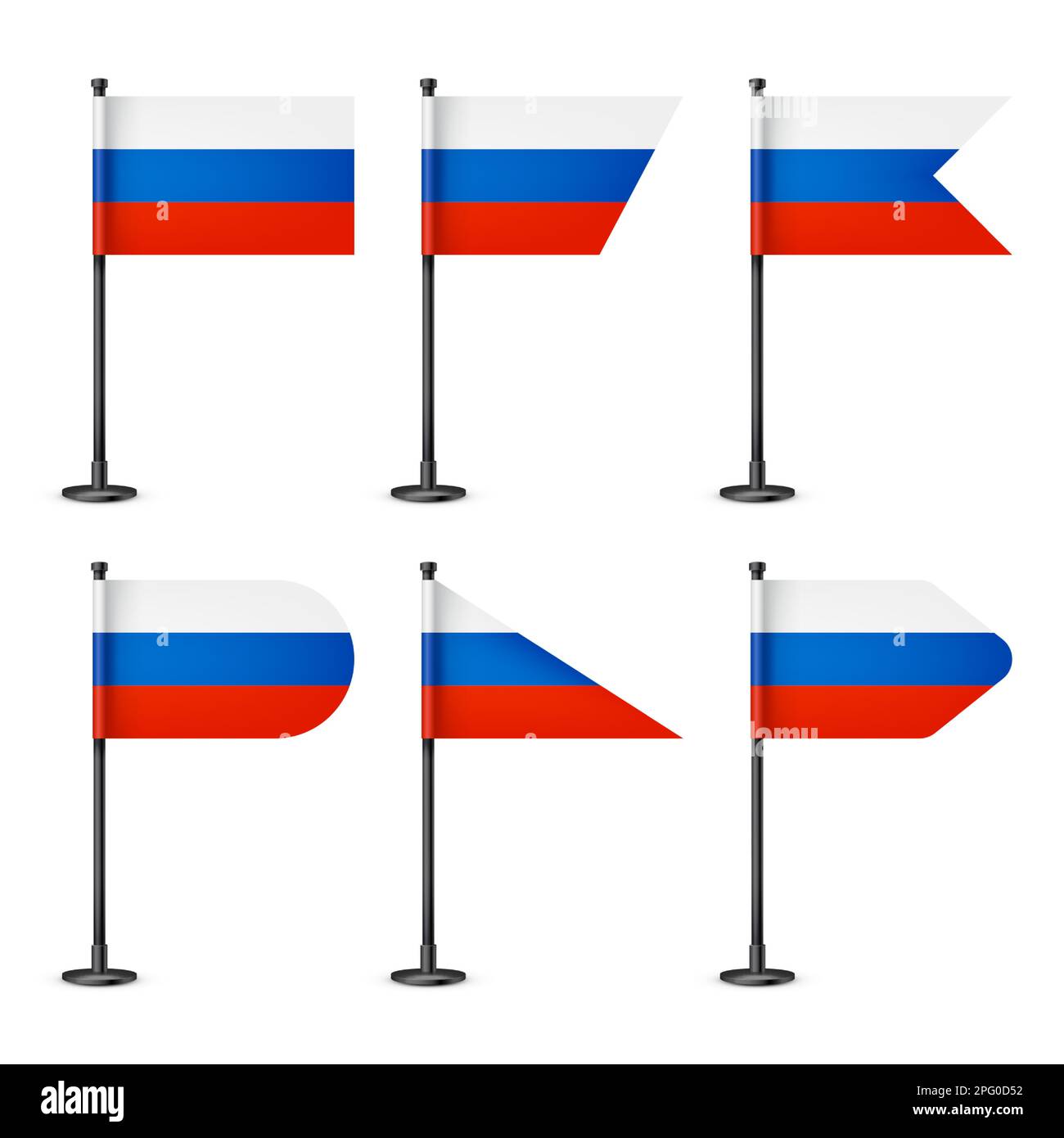 Realistic various Russian table flags on a black steel pole. Souvenir ...