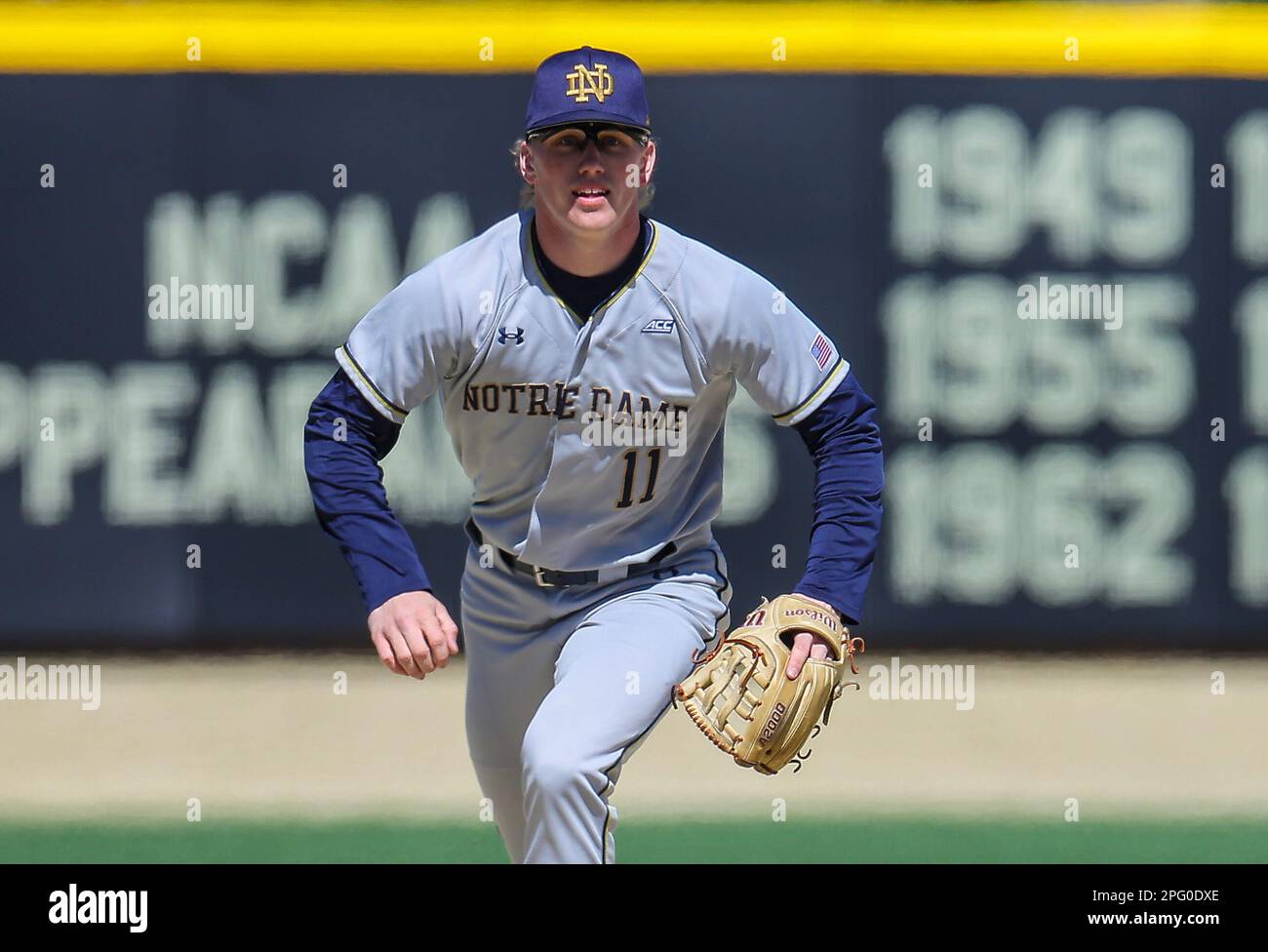 March 19, 2023 Notre Dame sophomore Jack Penney (11) charges ball at 3rd base. Notre Dame won 3
