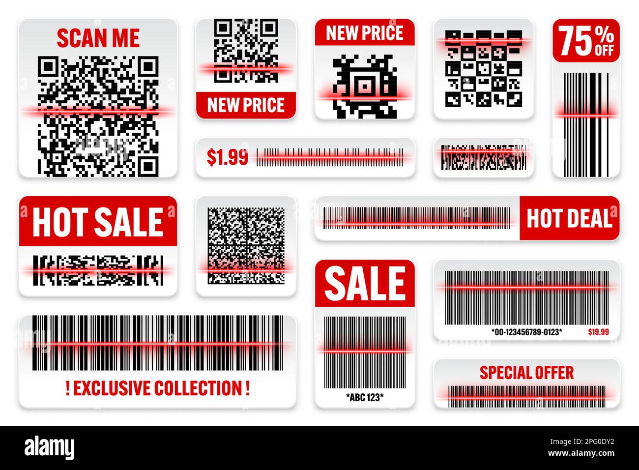 Product barcodes and QR codes with red scanning line. Sale stickers