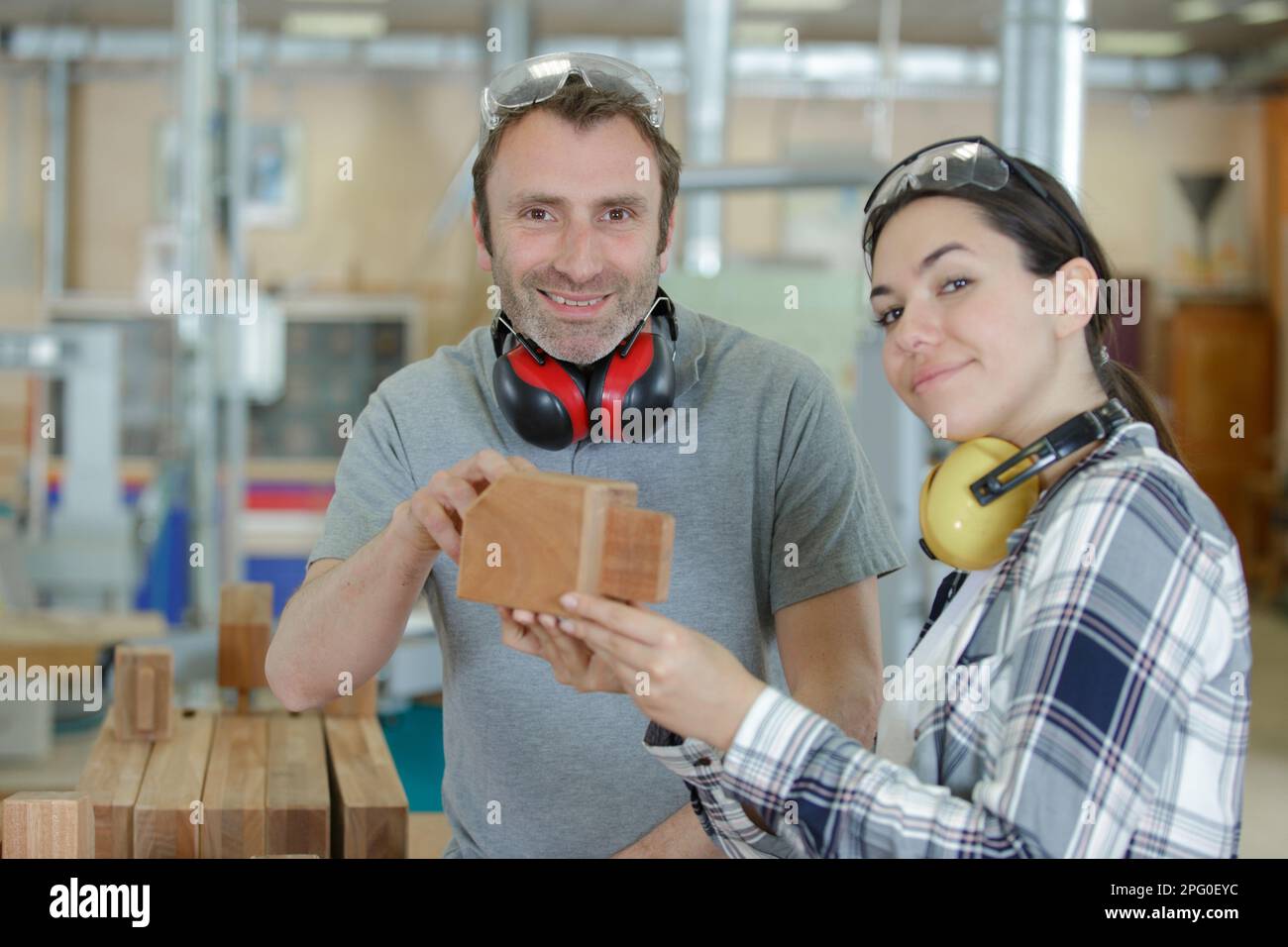 wood industry technicians working together on project Stock Photo