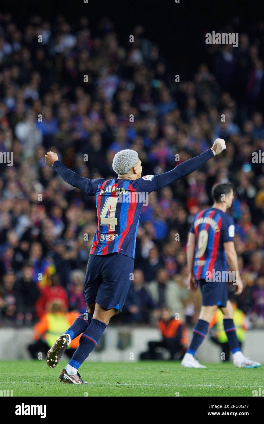 Barcelona, Spain. 19th Mar, 2023. Araujo celebrates the victory during the LaLiga match between FC Barcelona and Real Madrid CF at the Spotify Camp Nou Stadium in Barcelona, Spain. Credit: Christian Bertrand/Alamy Live News Stock Photo