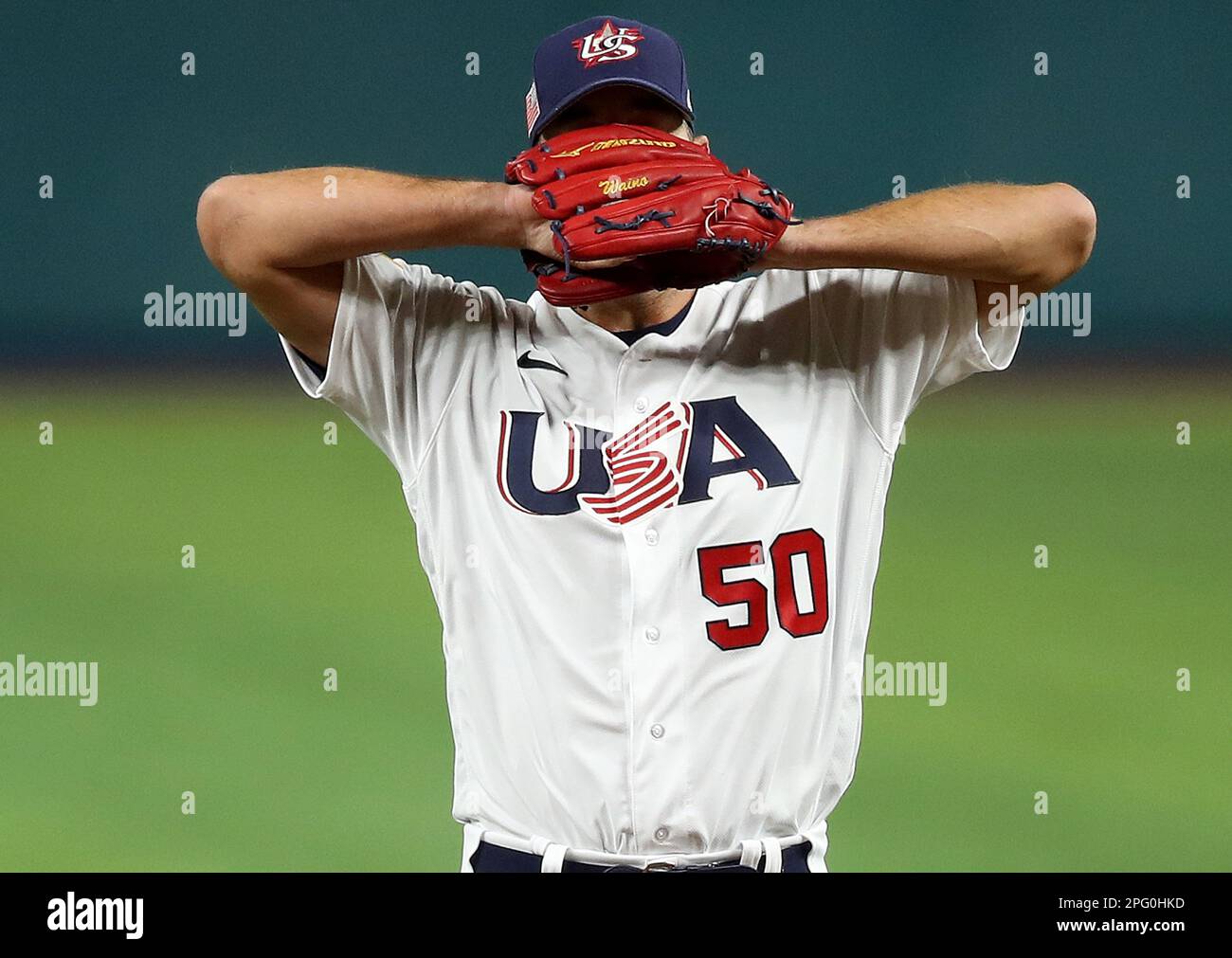 Miami, United States. 19th Mar, 2023. United State's starting pitcher Adam  Wainwright (50) prepares to pitch in the first inning against Cuba at the  2023 World Baseball Classic semifinal game in Miami