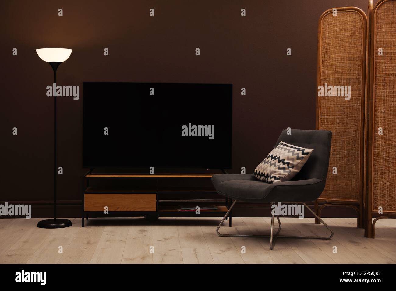 Modern living room room tv wall unit armchair hi res stock