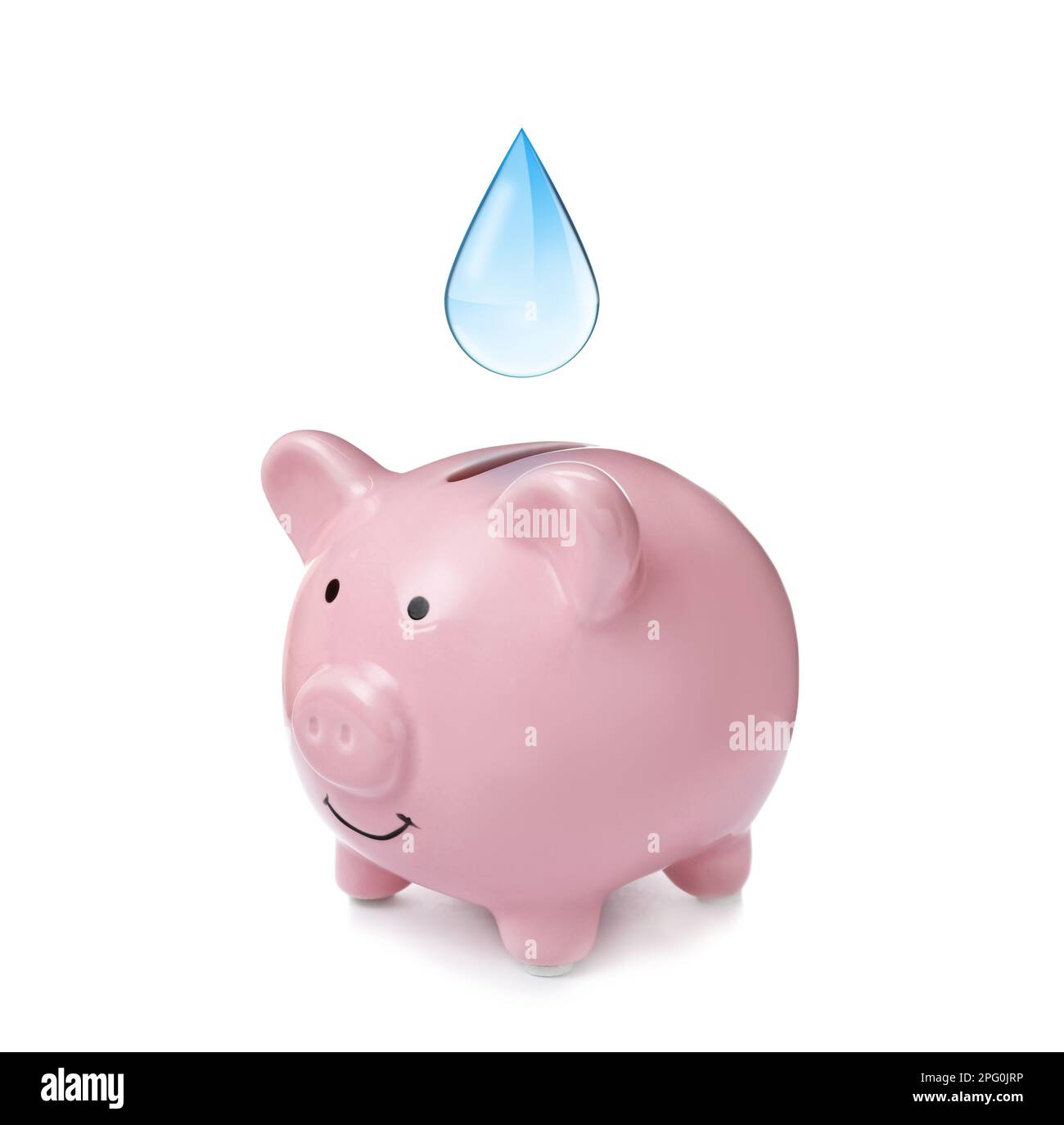 Water scarcity concept. Piggy bank and drop on white background Stock Photo