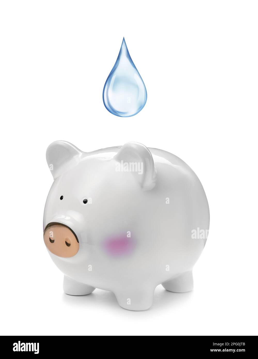 Water scarcity concept. Piggy bank and drop on white background Stock Photo