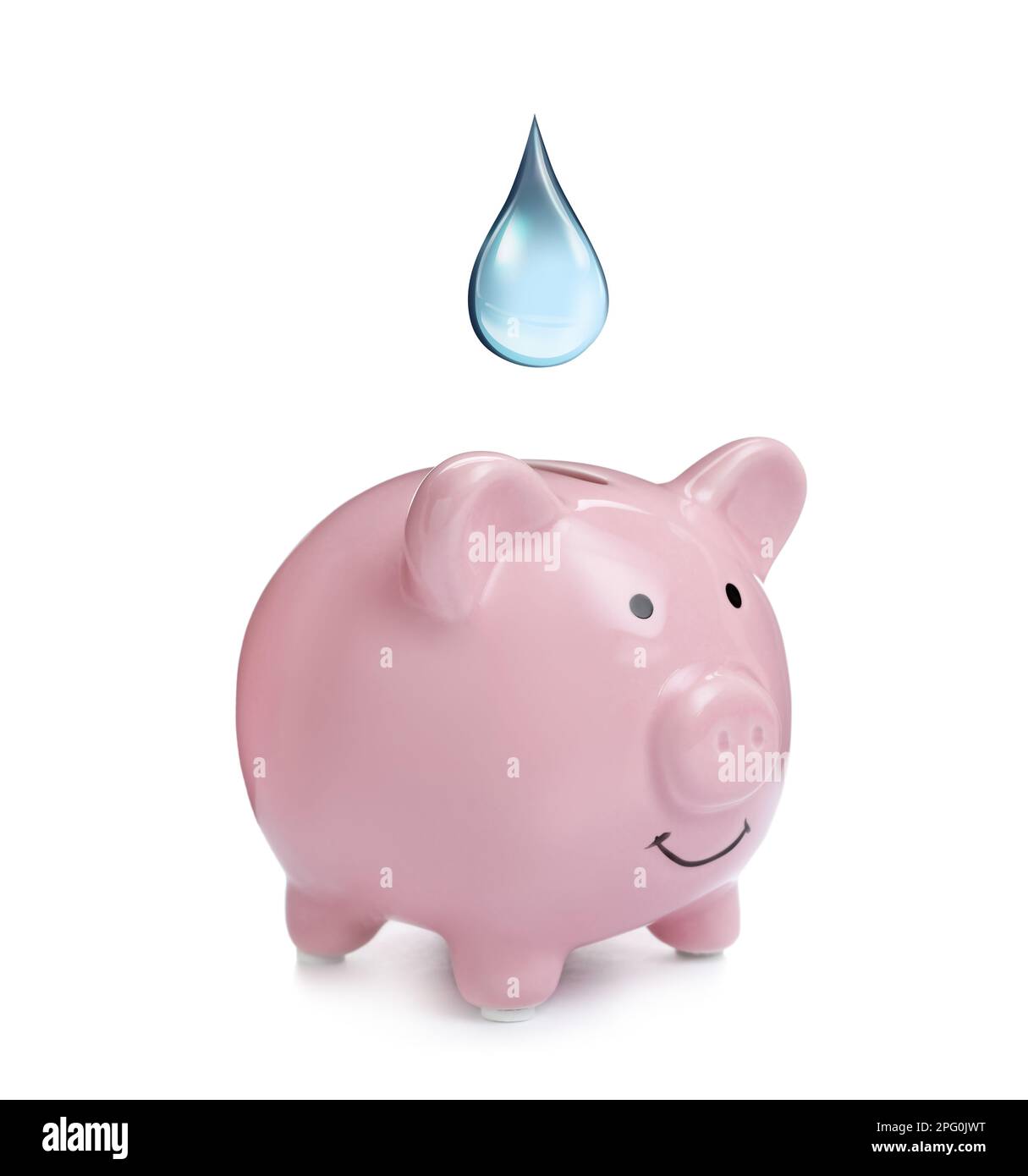 Water scarcity concept. Piggy bank and drop on white background Stock Photo