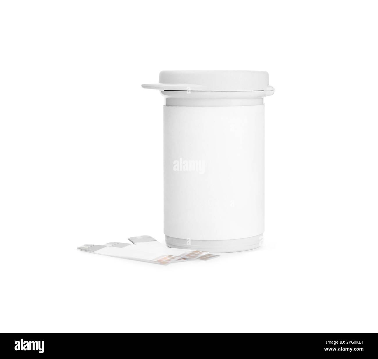 Container and test strips on white background. Diabetes control Stock