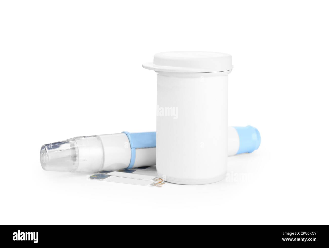 Lancet pen, container and test strips Diabetes control Stock Photo