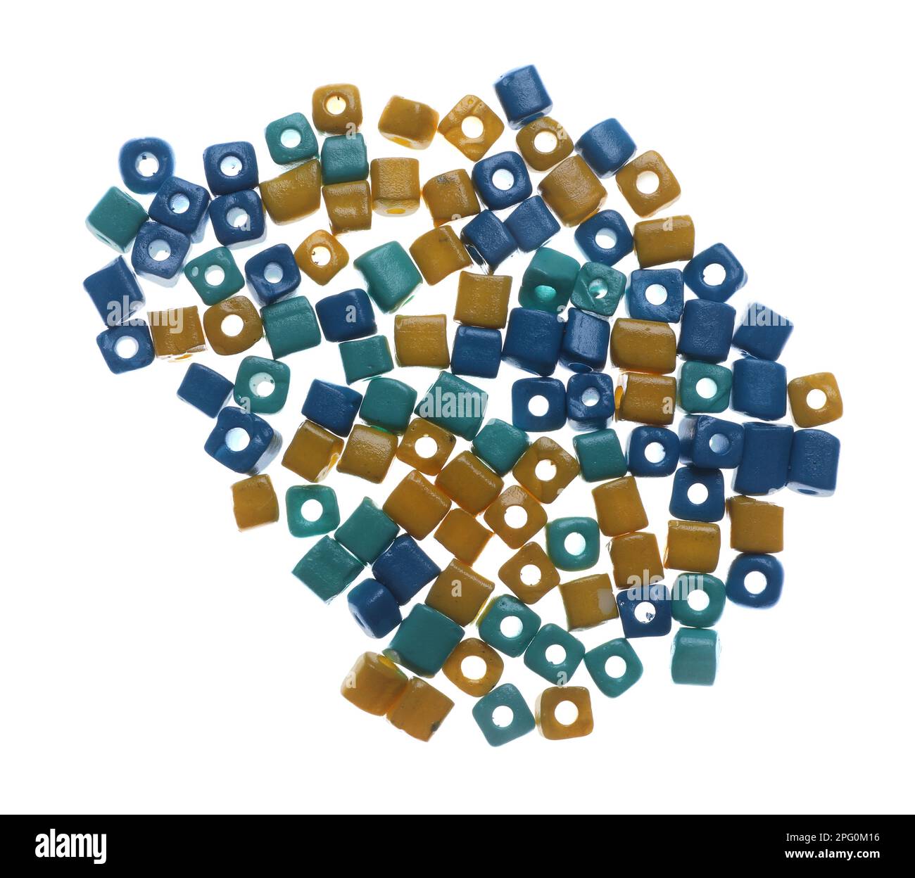 Pile of blue and yellow beads on white background, top view Stock Photo