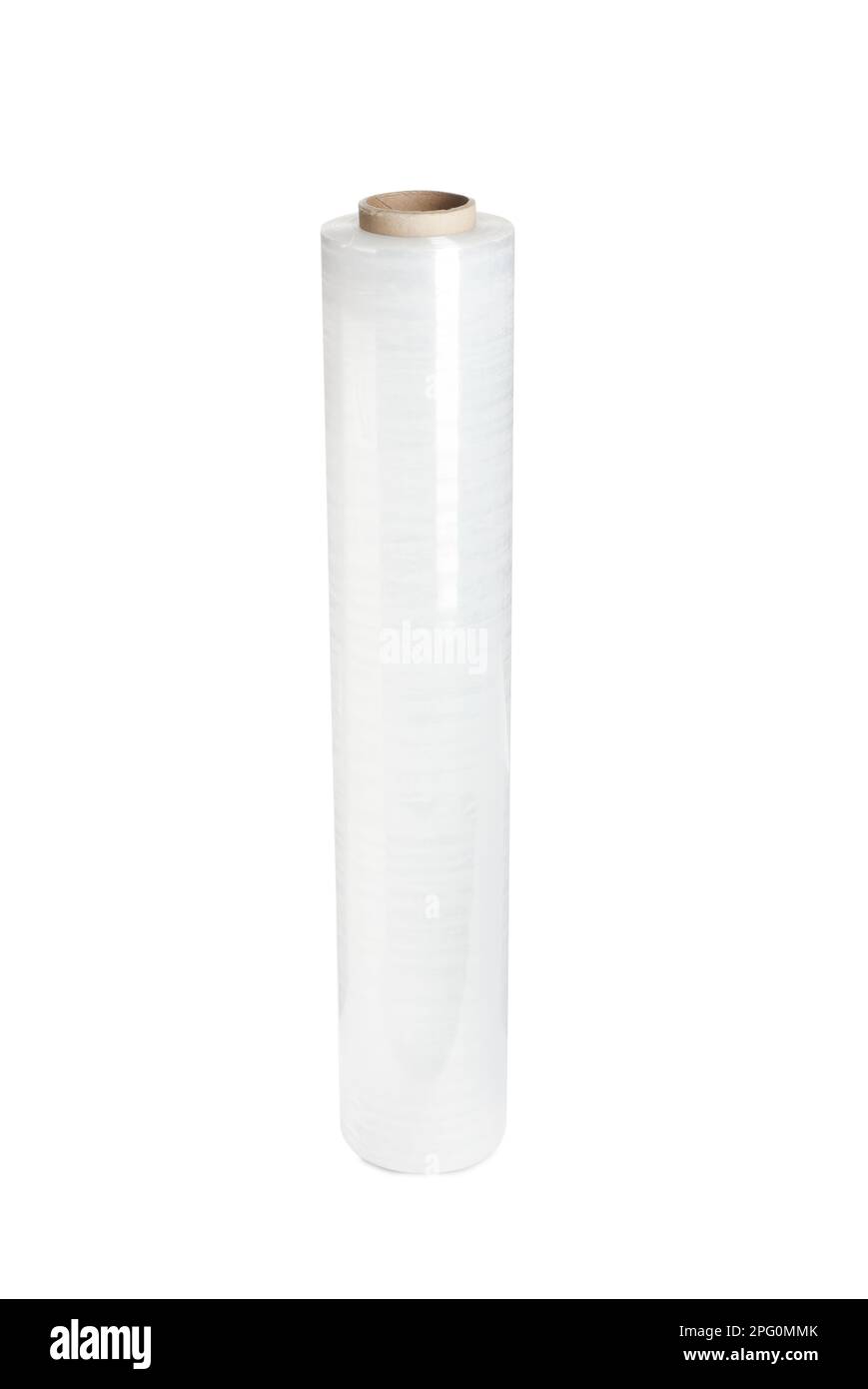 Roll of plastic stretch wrap film isolated on white Stock Photo Alamy