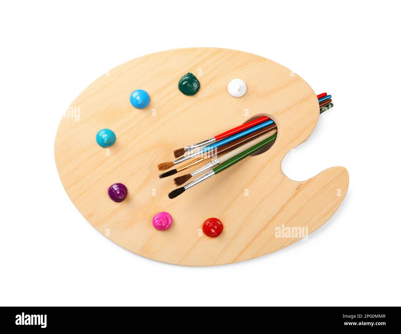 Wooden artist's palette with brushes and samples of paints isolated on