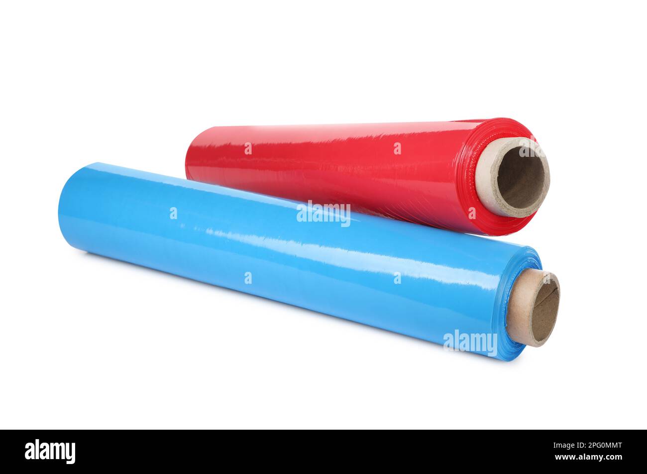 Different plastic stretch wrap films on white background Stock Photo Alamy