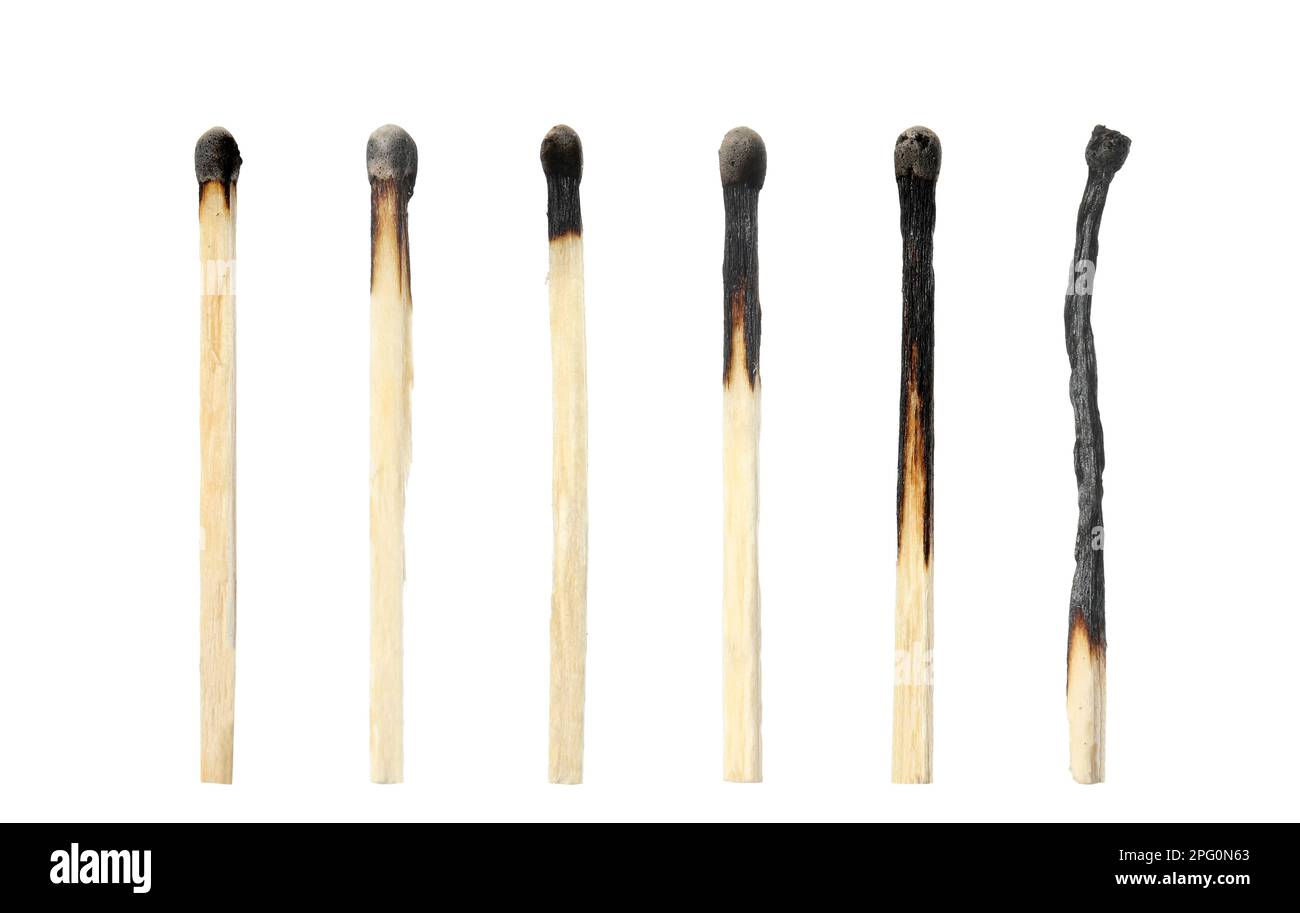 Set with burnt matches on white background Stock Photo Alamy
