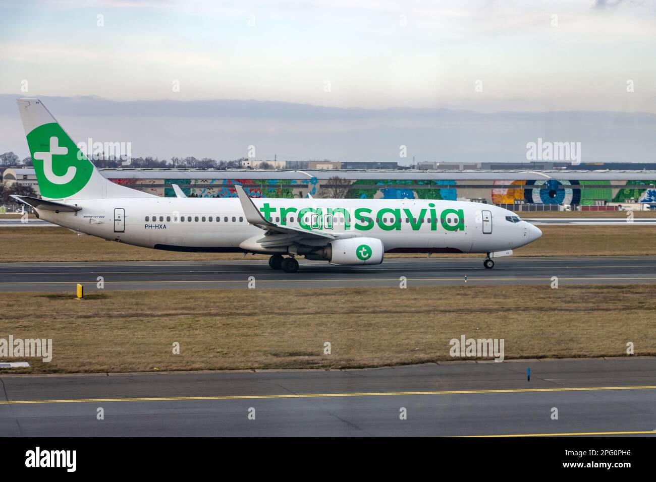 PRAGUE, CZECHIA, JAN 19 2023, A plane of Transavia ride on the runway Stock Photo