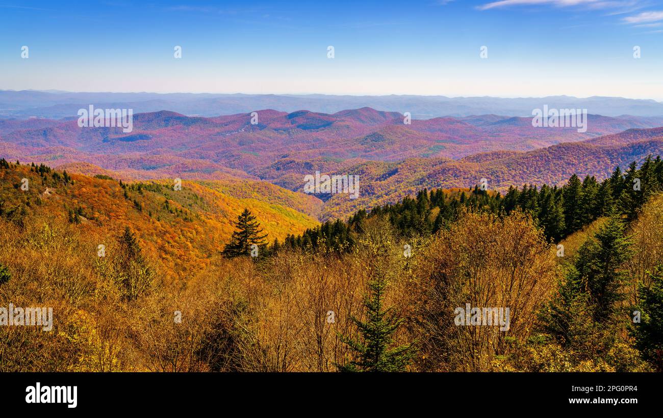 Scenic view of Smoky Mountains from Blue Ridge Parkway in North Carolina in fall Stock Photo