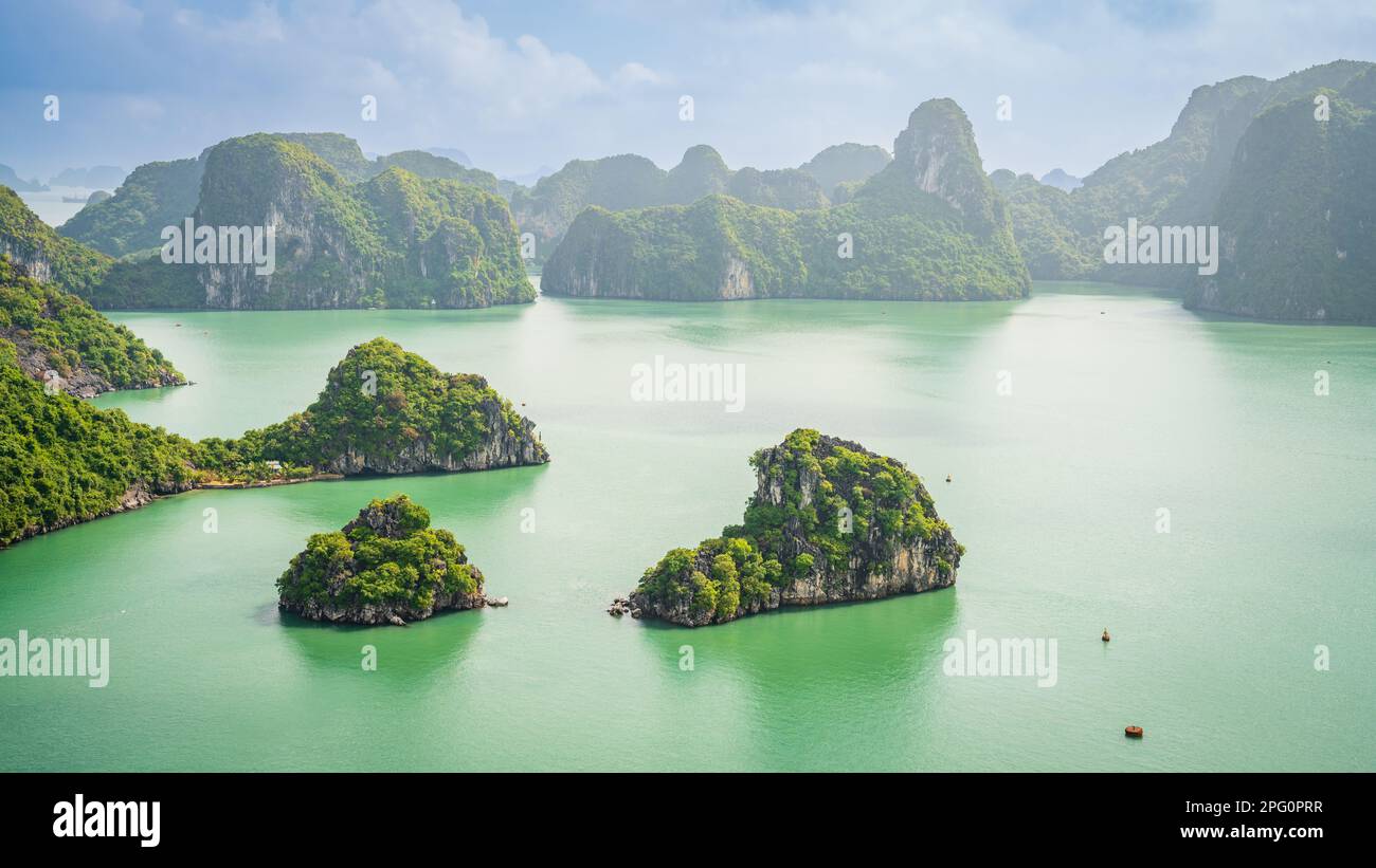 Beautiful limestone karst islands of Ha Long Bay in Vietnam. View from Ti-Top Island Stock Photo