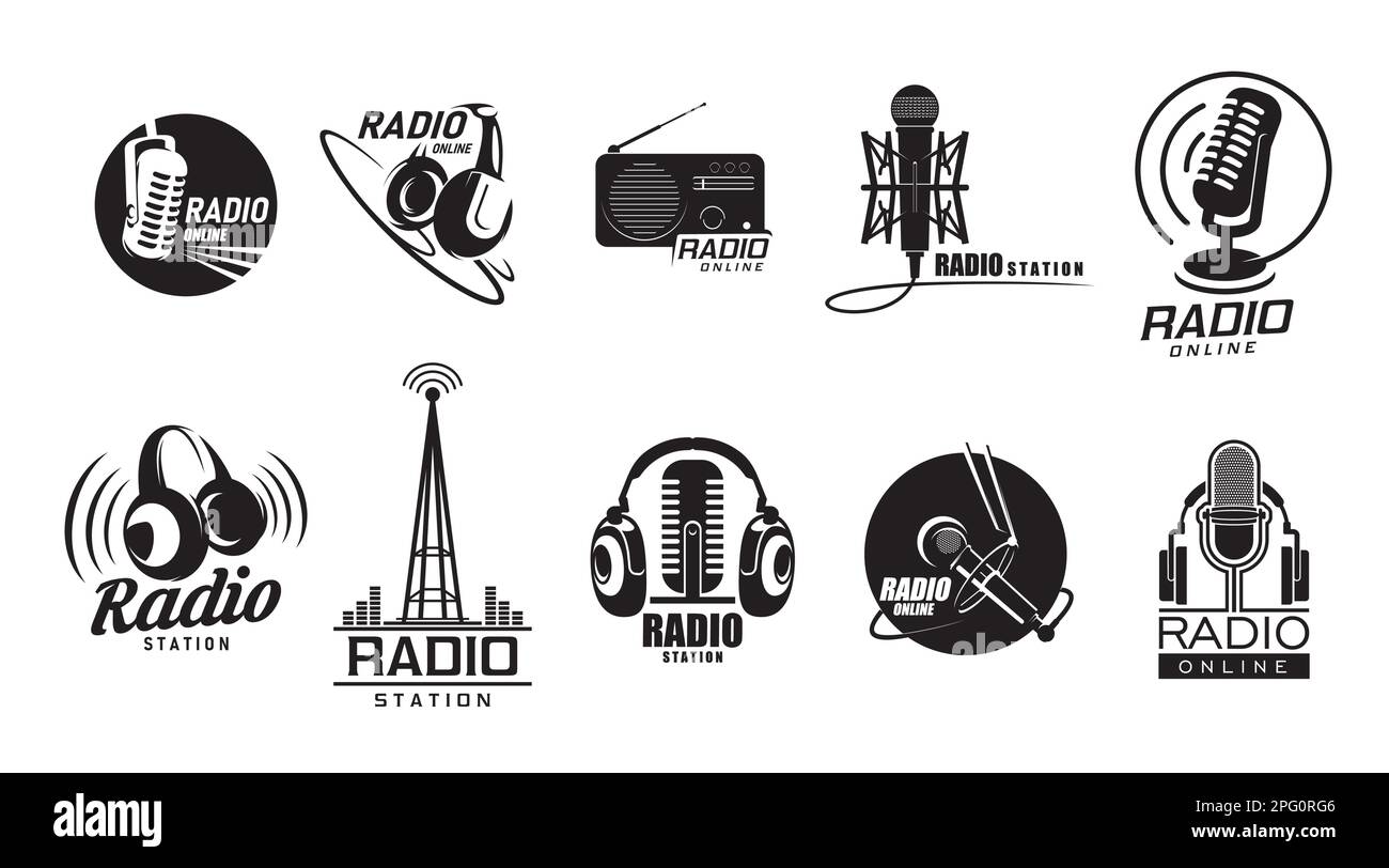Online radio icons, radio station podcast and music sound, vector ...