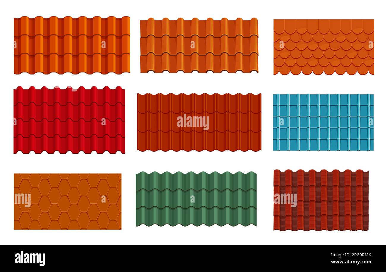 Roof tiles texture backgrounds and seamless patterns, vector house rooftops. Orange, red, green and blue roof top tiles of clay shingle, home rooftop Stock Vector