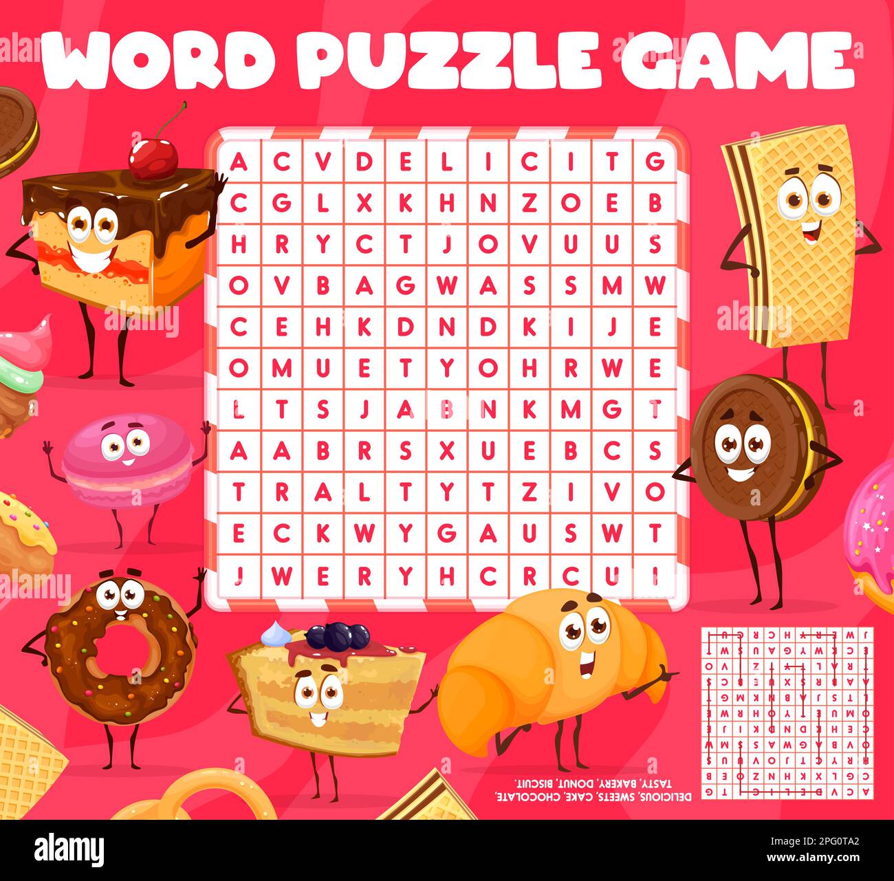 Word search puzzle game Cartoon bakery sweets and dessert characters Word search puzzle game Cartoon bakery sweets and dessert characters