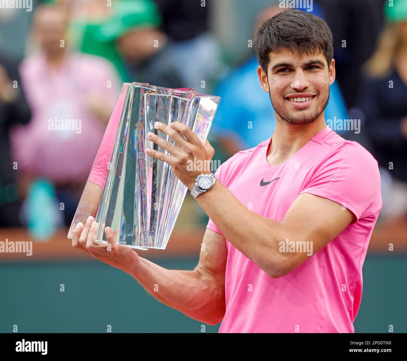 March 19, 2023 Carlos Alcaraz of Spain poses with the winner's trophy