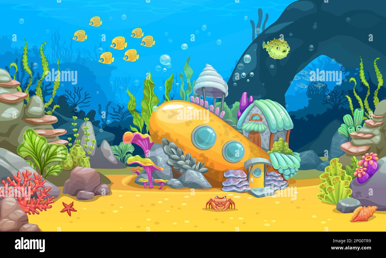 Underwater landscape with sunken submarine. Cartoon vector sub boat