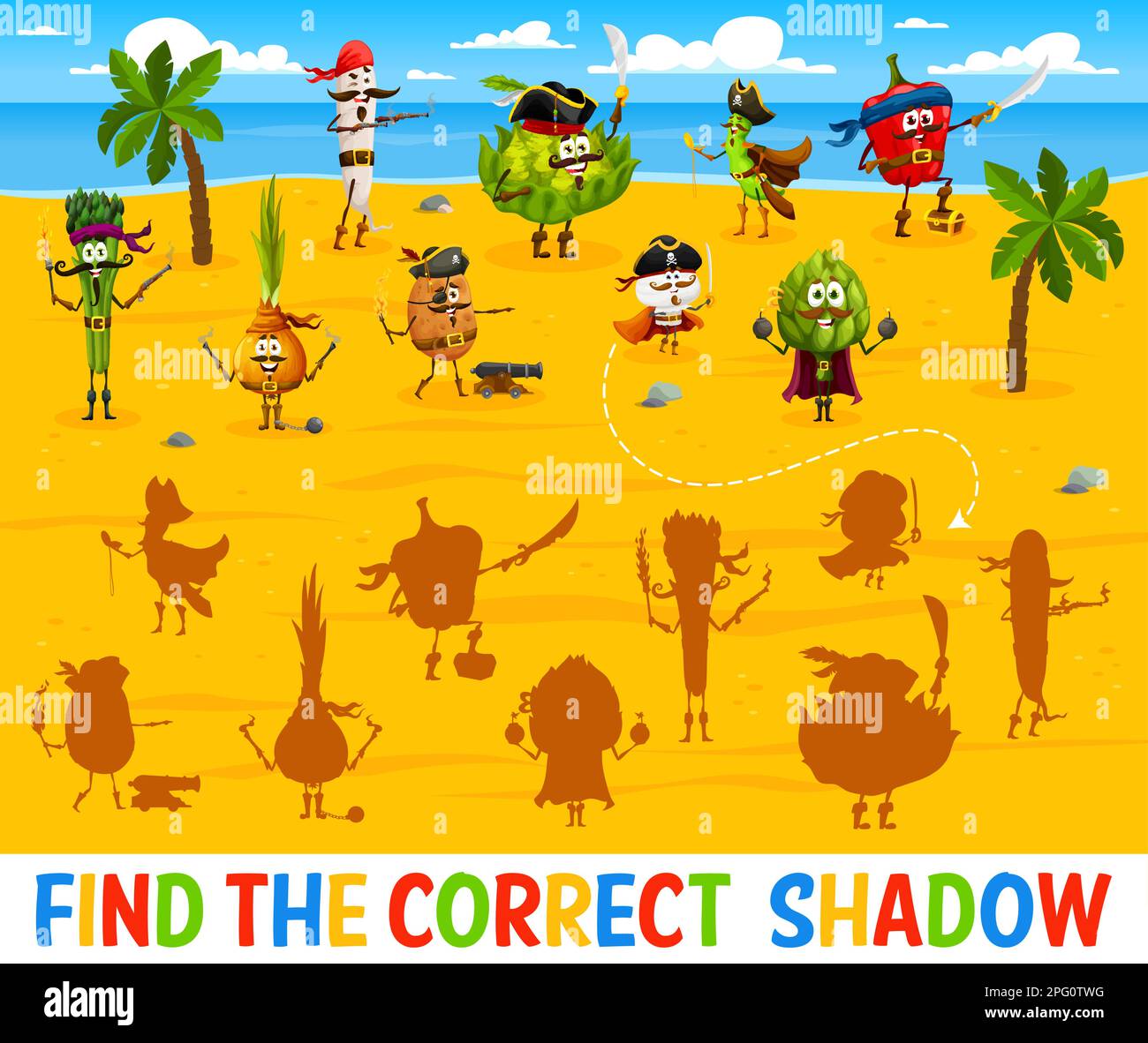 Find the correct shadow of cartoon vegetable pirates and corsairs ...