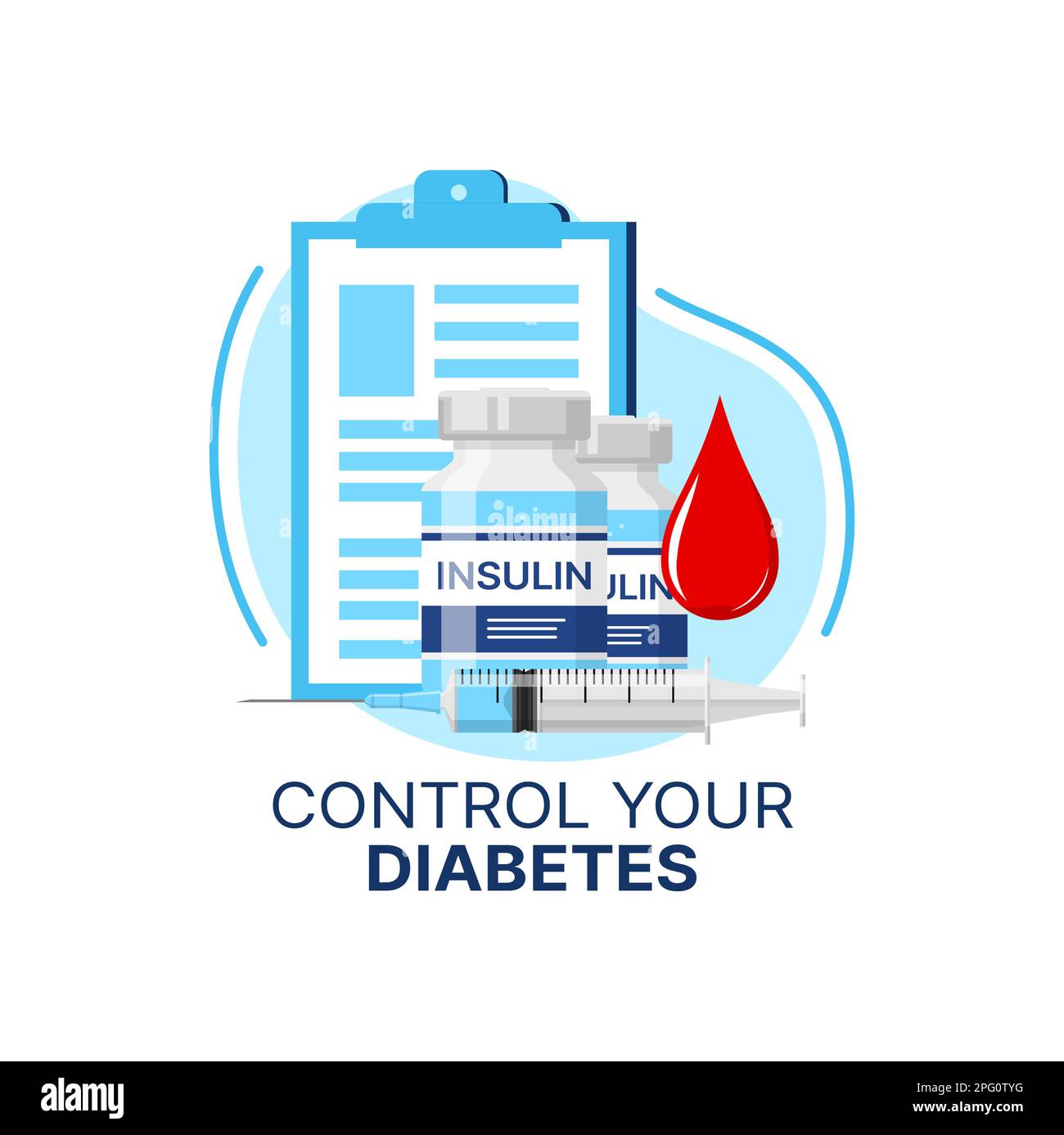 Diabetes control icon of vector insulin injection, syringe and doctor
