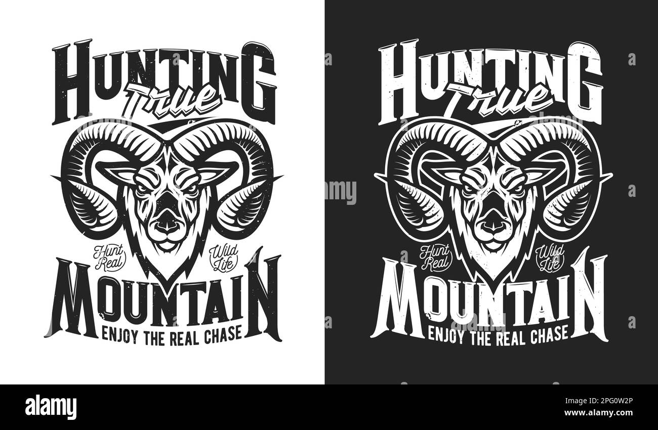 Mountain goat mascot, hunting sport club t-shirt print, vector emblem