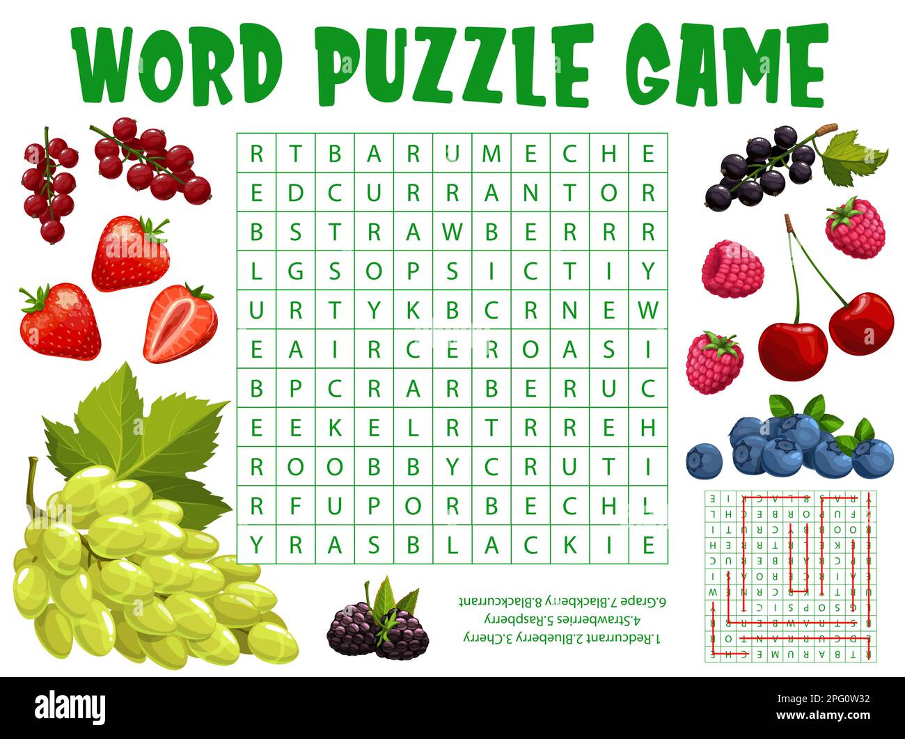 Farm and garden berries. Word search puzzle game worksheet. Kids quiz