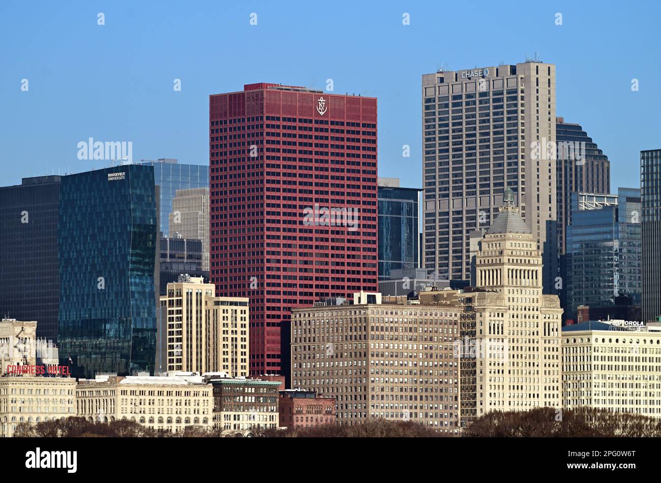 Chicago, Illinois, USA. A portion of the city skyline that rises to the west of Grant Park. Stock Photo