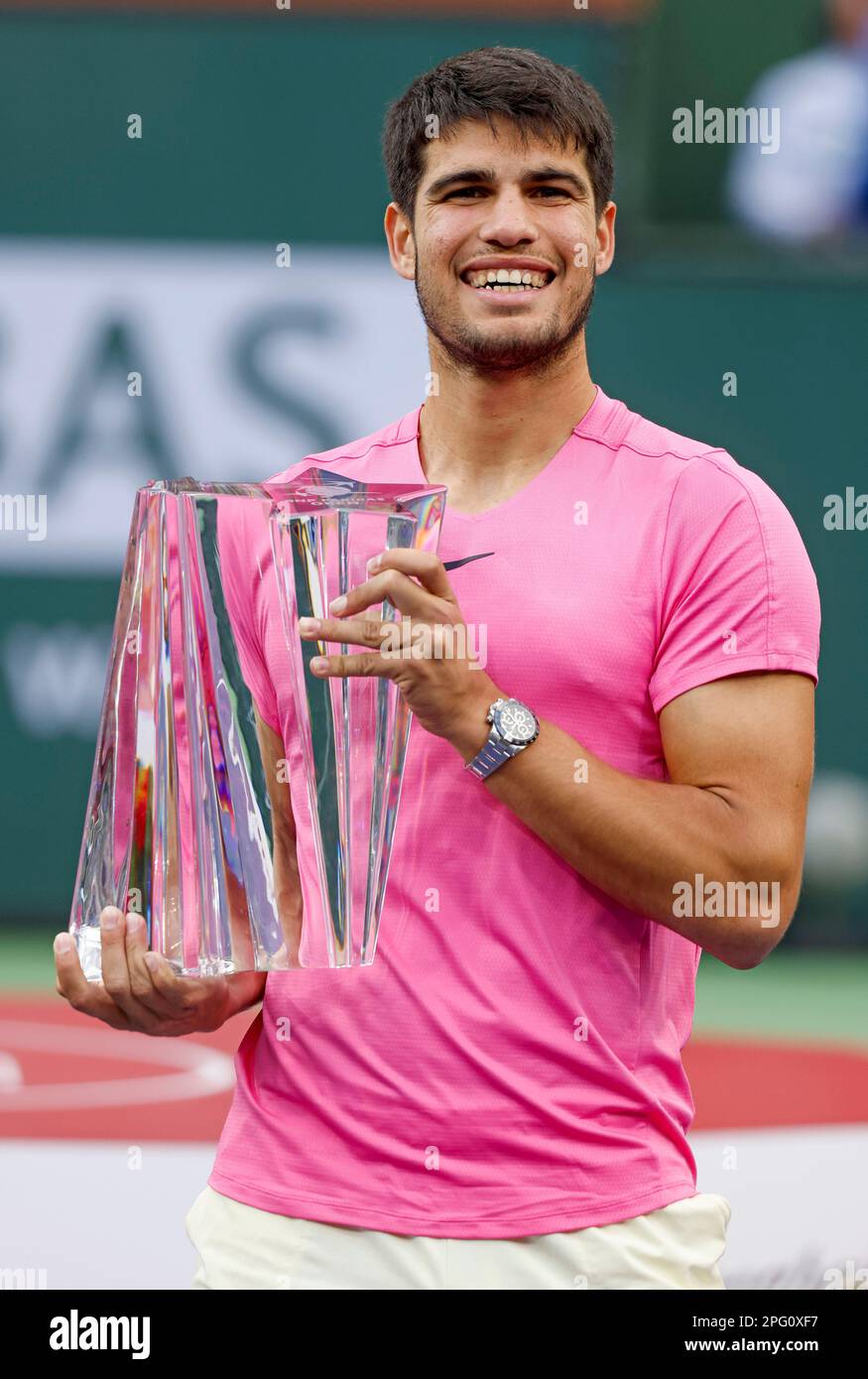 March 19, 2023 Carlos Alcaraz of Spain poses with the winners trophy after defeating Daniil Medvedev in the Mens Final of the 2023 BNP Paribas Open at Indian Wells Tennis Garden in