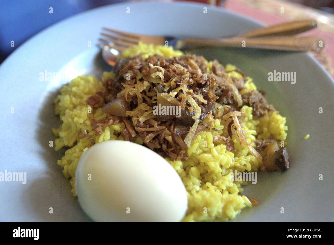 Indonesian yellow rice (colored using turmeric) is served with a boiled egg; photographed in