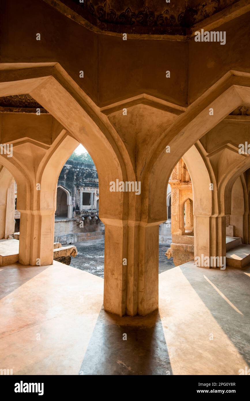 Queens Bath at the entrance of Royal enclosure in Hampi. Hampi, the ...