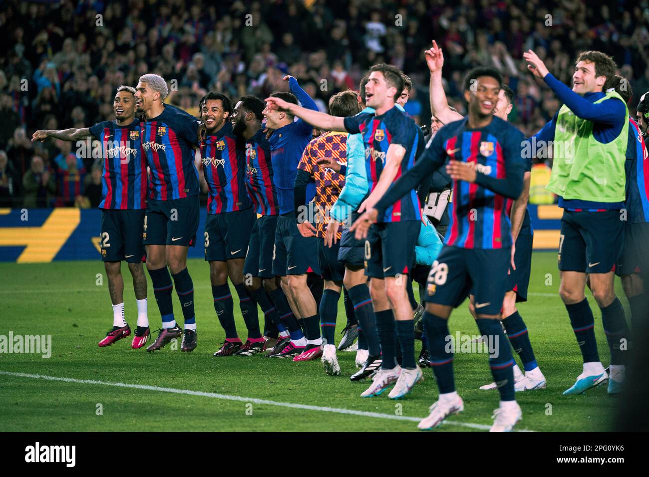 Barcelona, Spain. 19th Mar, 2023. Barcelona's players celebrate after a Spanish La Liga football match between FC Barcelona and Real Madrid in Barcelona, Spain, on March 19, 2023. Credit: Joan Gosa/Xinhua/Alamy Live News Stock Photo