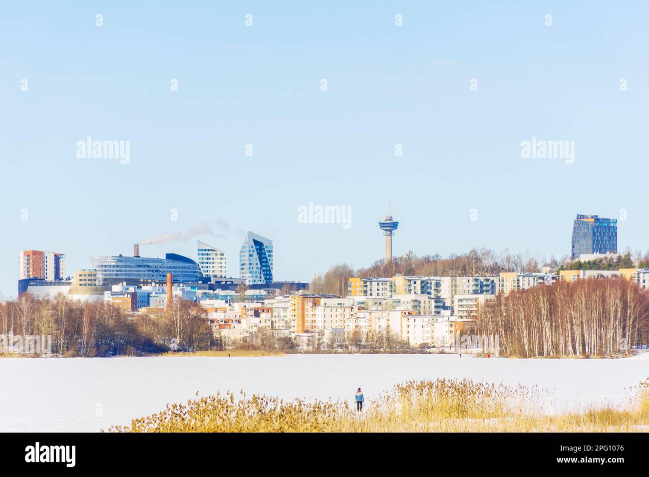 Tampere seen from behind the Iidesjärvi lake in winter in TAmpere Finland Stock Photo