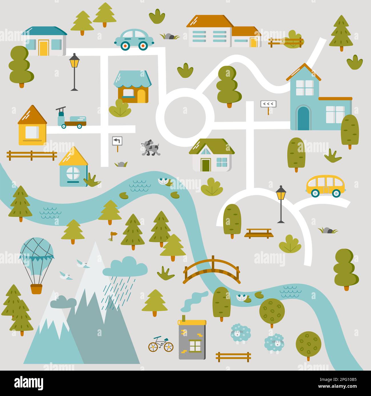 Cute town map for kids room. Landscape with lot details. Vector ...