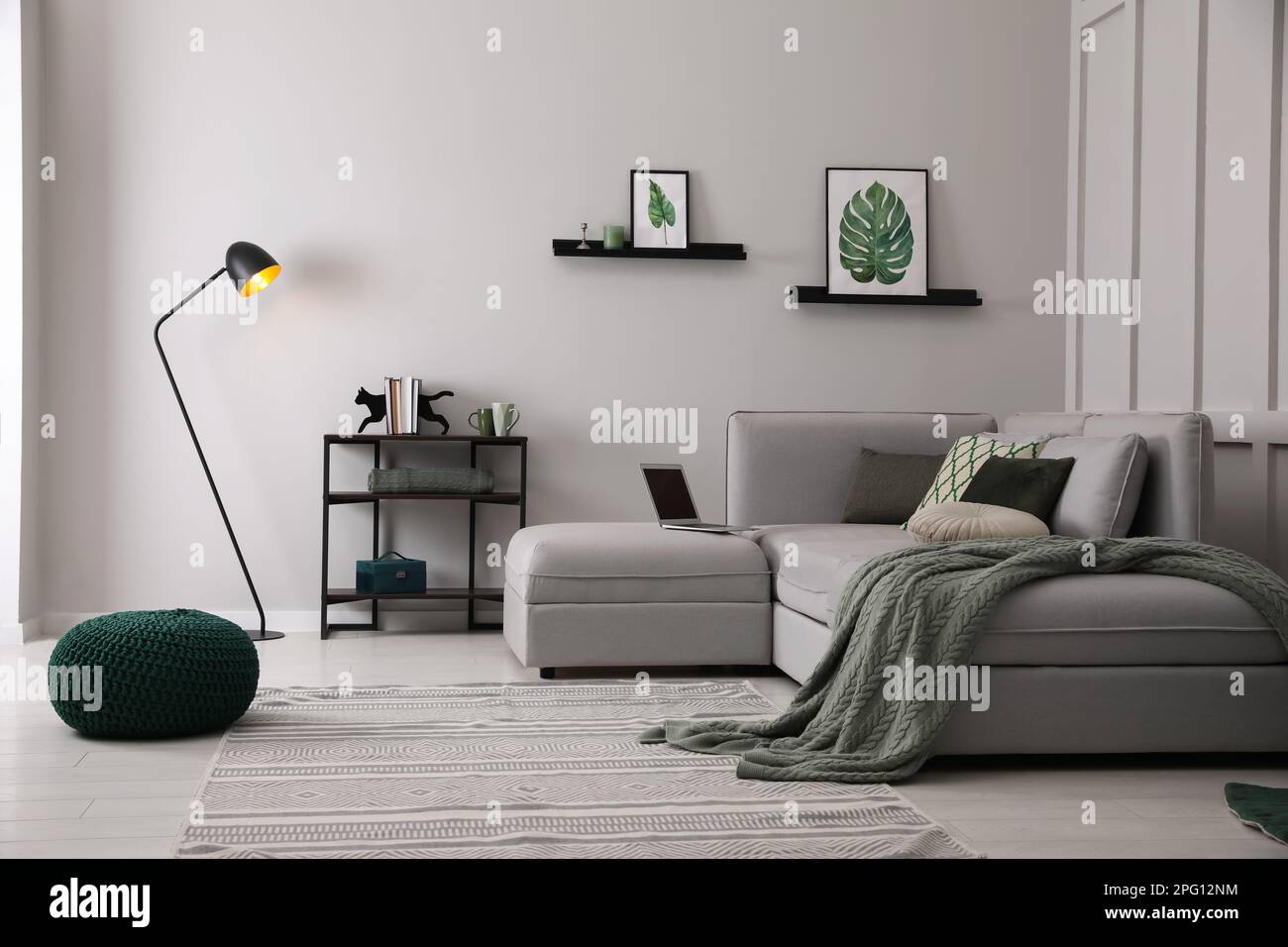 Living room with comfortable grey sofa and stylish interior elements ...