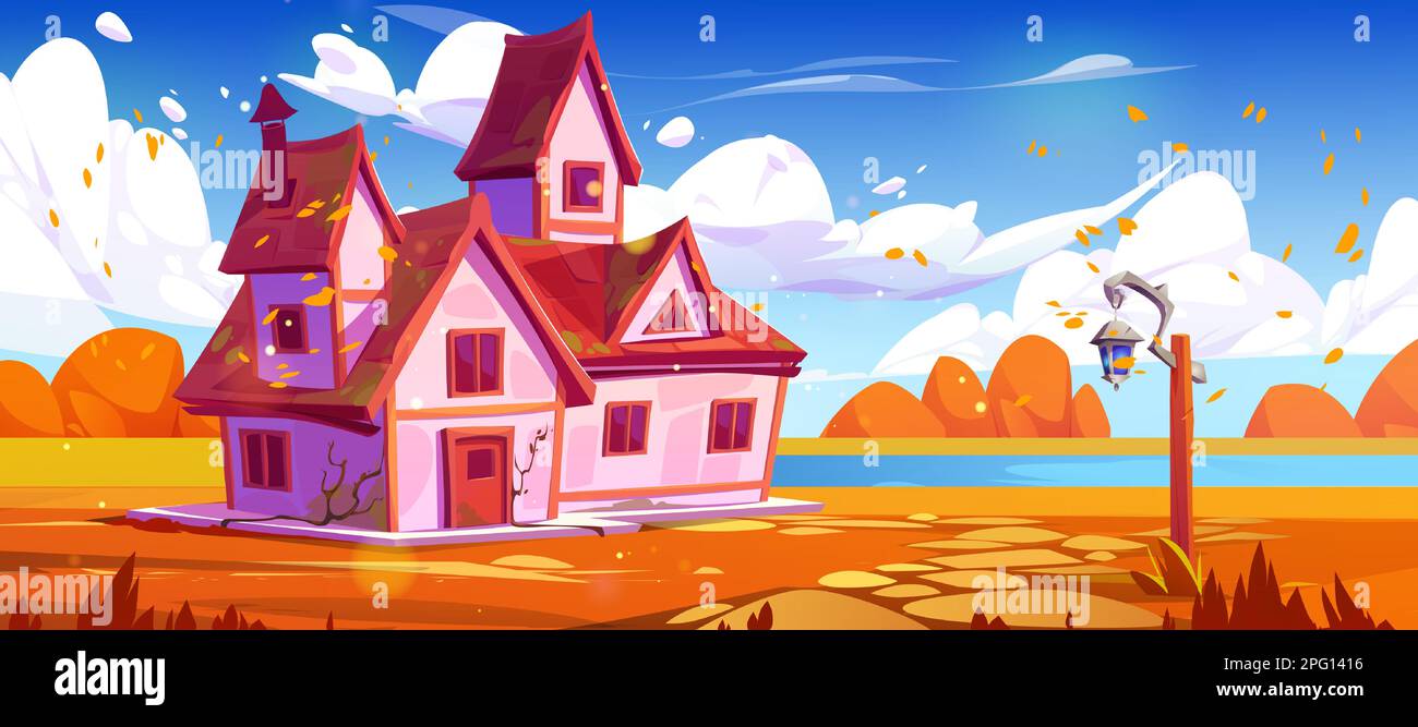 Pink rural house on autumn forest glade near lake. Vector cartoon