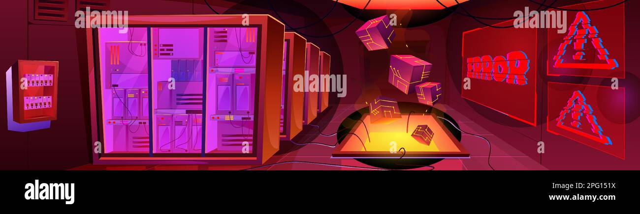 Error in computer data center warehouse. Tech server room interior cartoon vector background. Database storage concept with failure blockchain security system. Telecommunication hosting support. Stock Vector