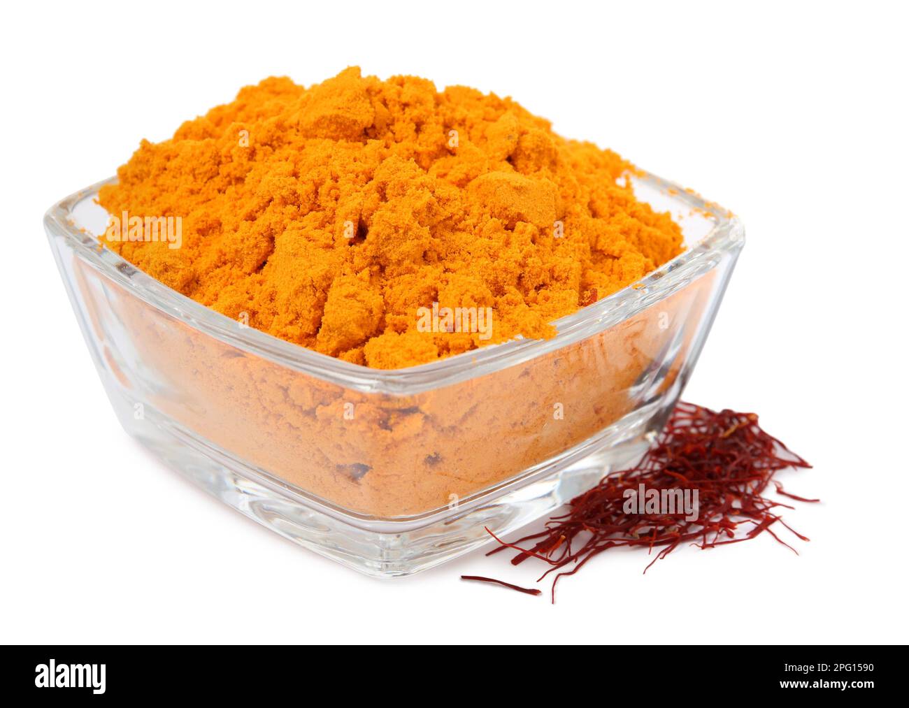 Bowl with saffron powder and dried flower stigmas on white background ...
