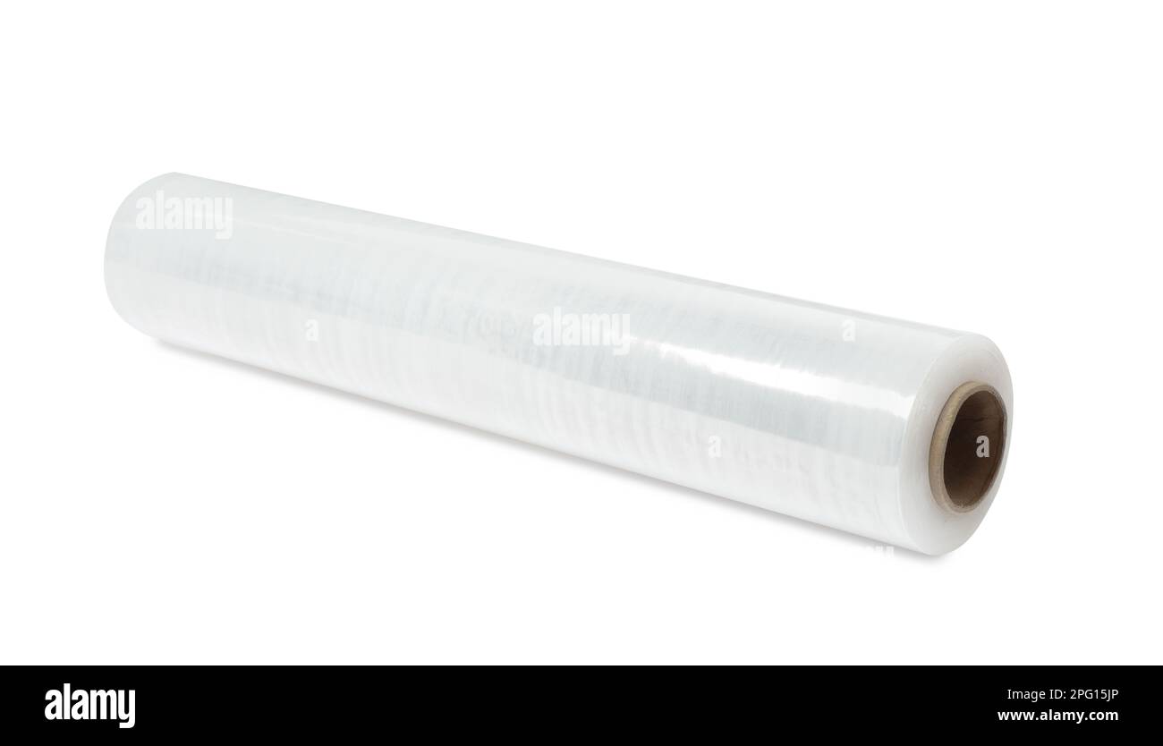 Roll of plastic stretch wrap film isolated on white Stock Photo Alamy