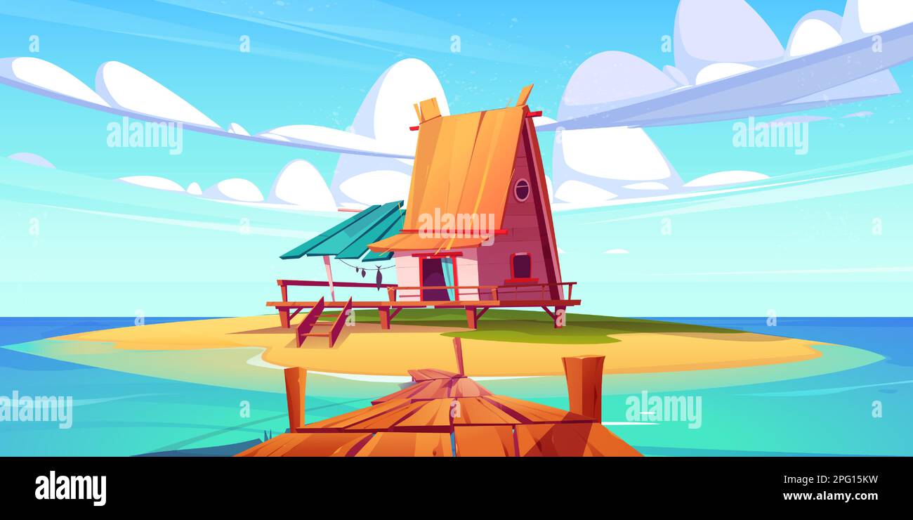 Tropical island with bungalow on beach. Sea or ocean landscape with small house with straw roof and wooden pier. Summer paradise resort cottage, vector cartoon illustration Stock Vector