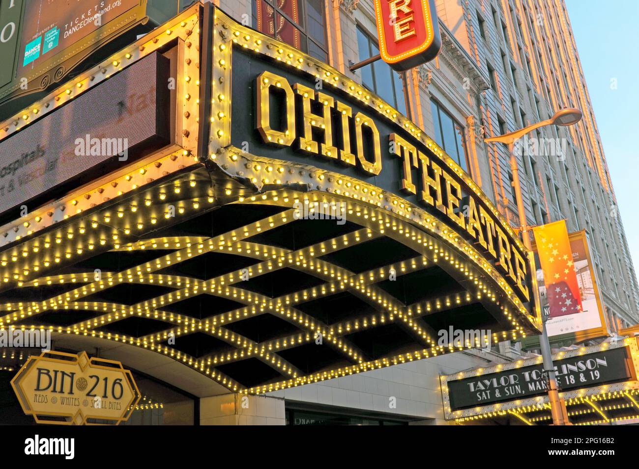 Soon to be replaced, the Ohio Theatre iconic marquee in the Playhouse Square Theater District in Cleveland, Ohio on February 28, 2023. Stock Photo