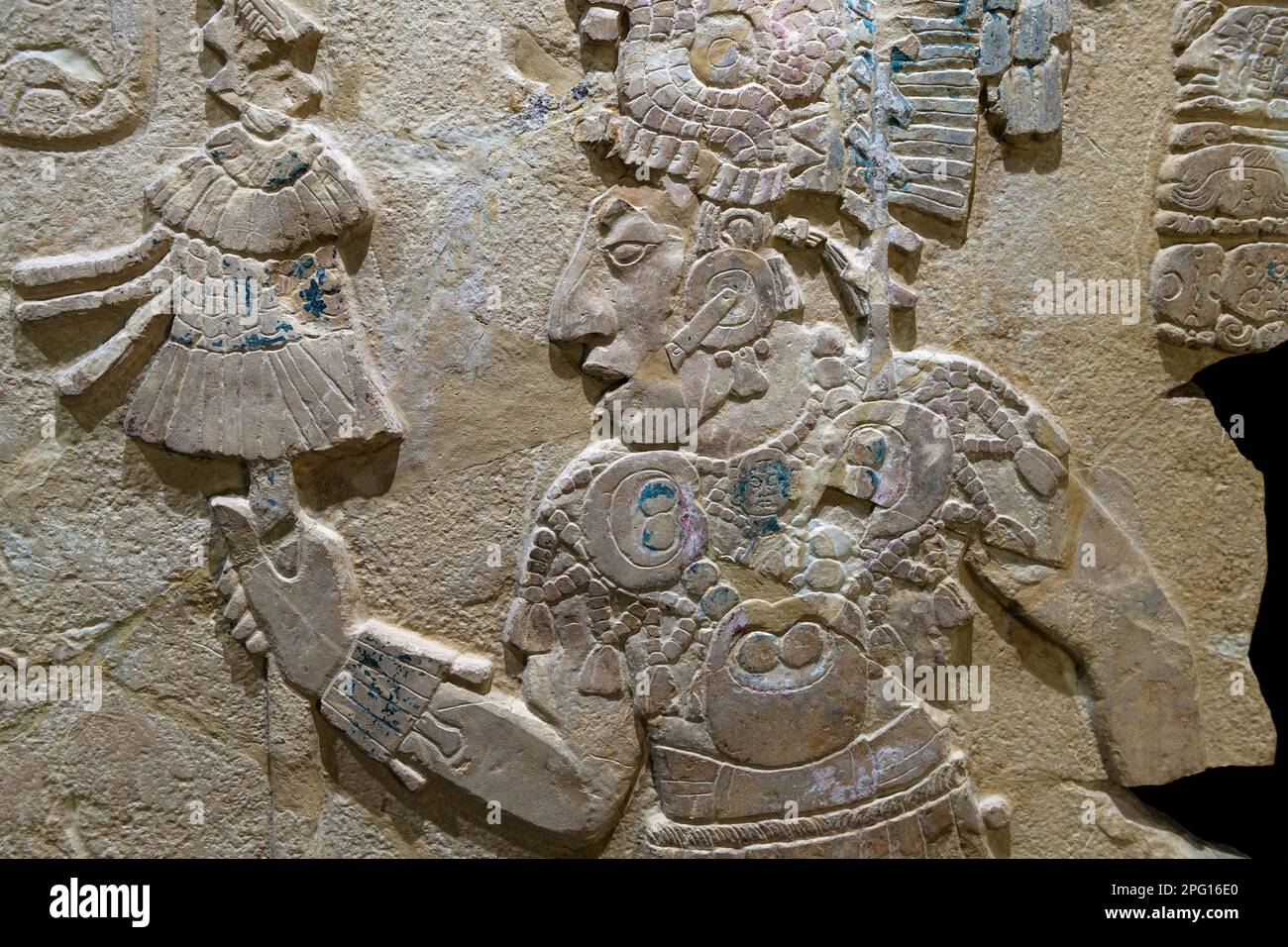 Maya bas relief carving in a stele tombstone of mayan ruler king, Palenque, Mexico. Stock Photo