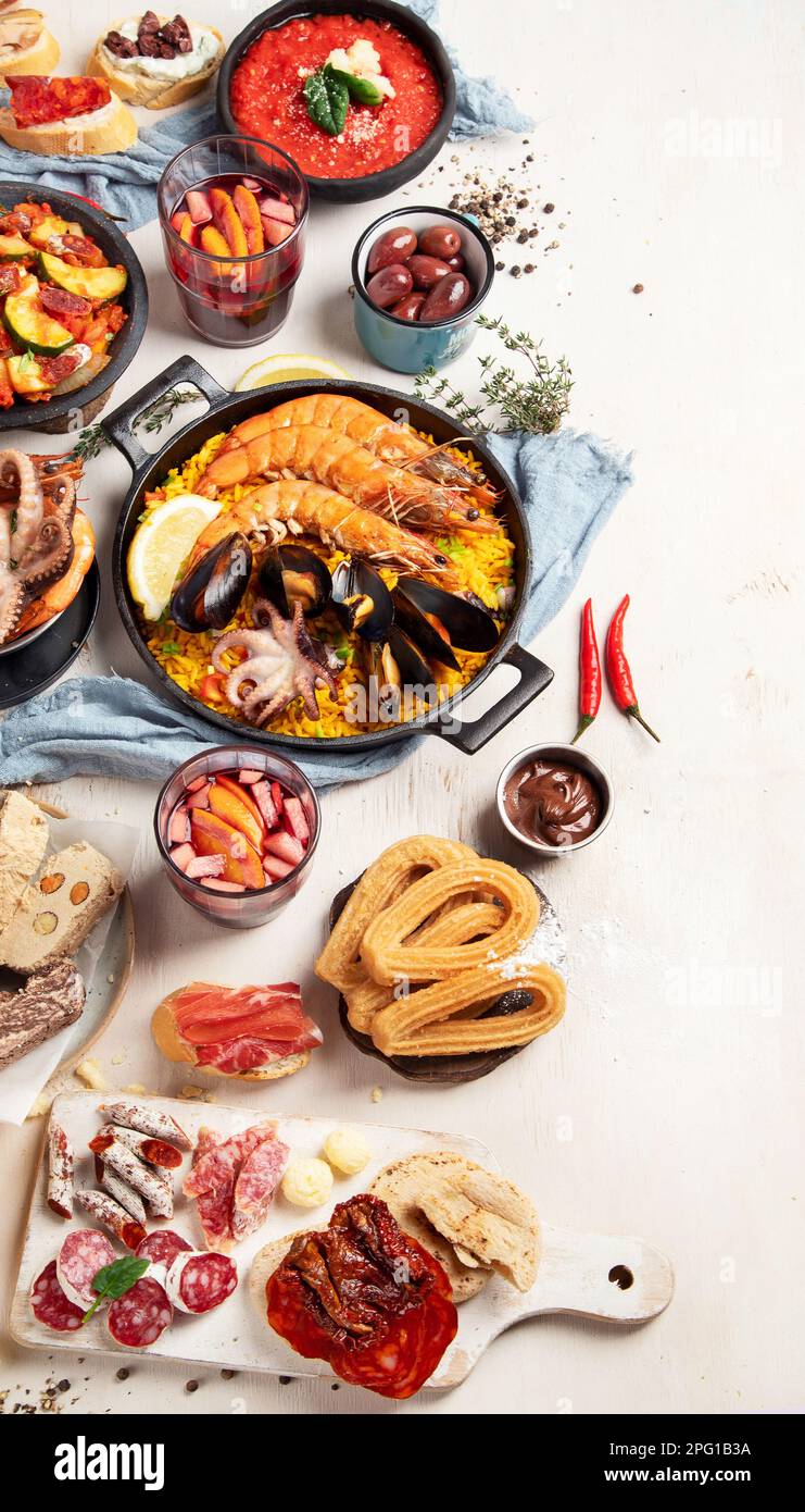 Typical spanish tapas concept. Concept include jamon, chorizo sausage ...