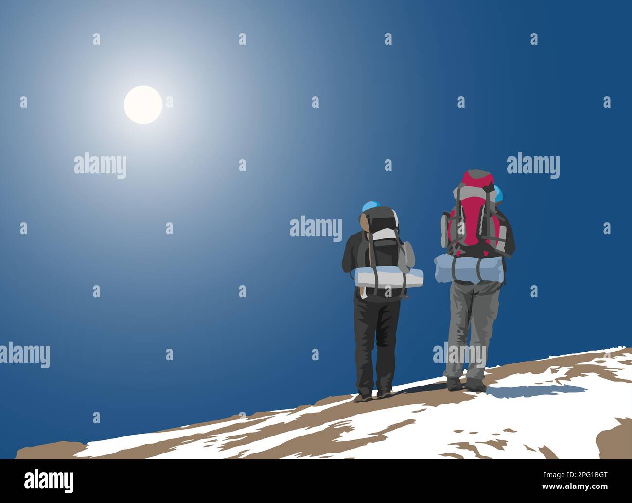 Two hikers with a big backpack on his back, vector illustration Stock Vector