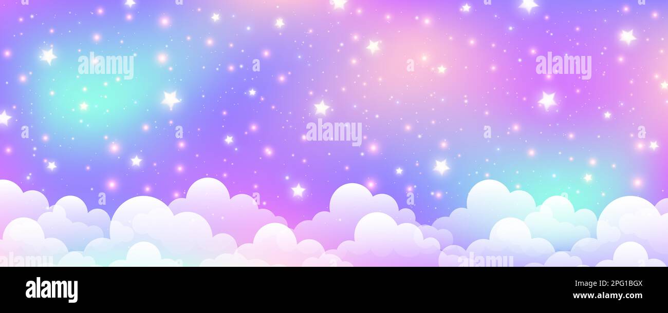 Fantasy pink unicorn background with clouds and stars. Pastel color sky. Magical landscape, abstract fabulous pattern. Cute candy wallpaper. Vector. Stock Vector