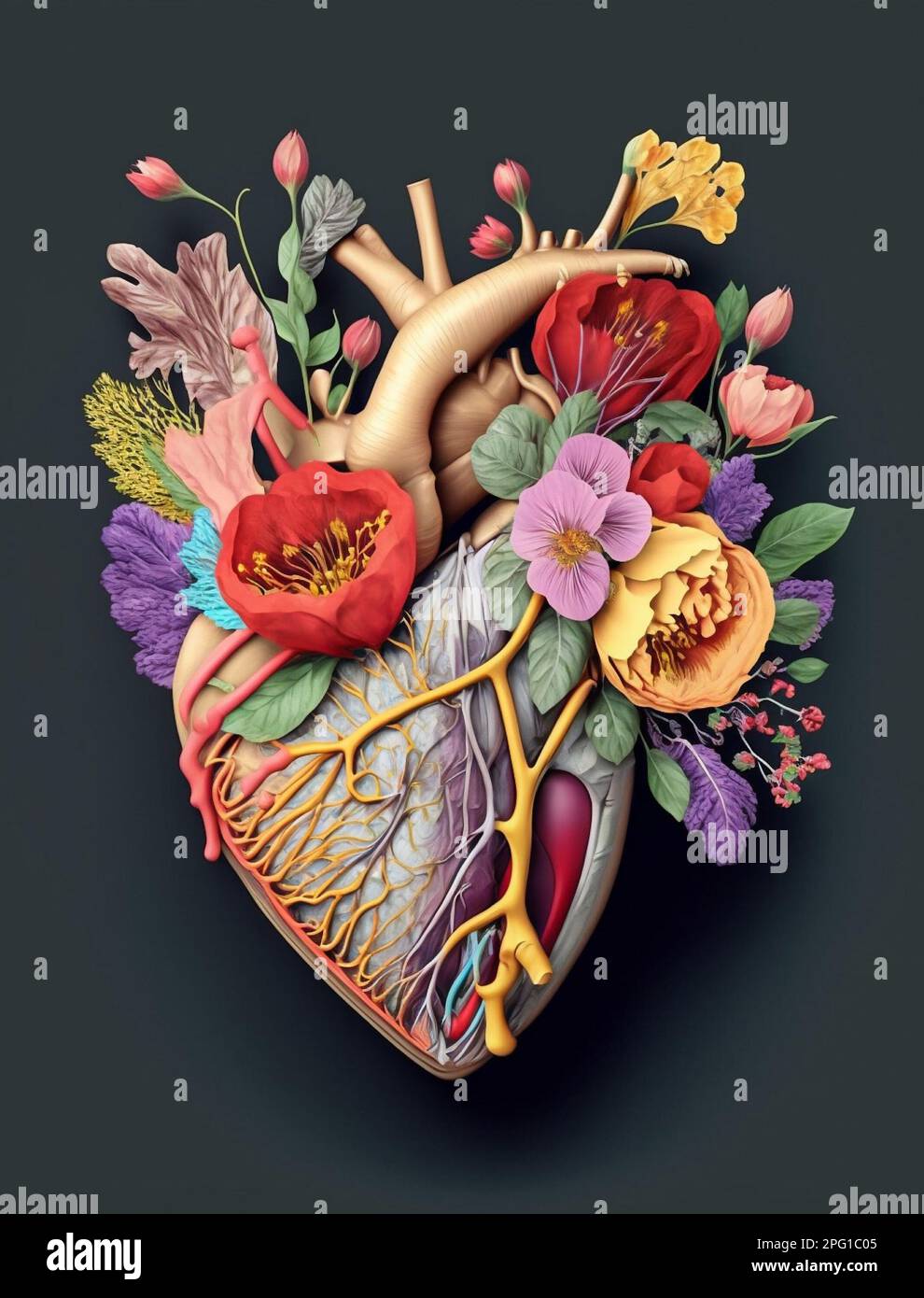 Human heart anatomy ornate with colorful flowers. Concept and idea of